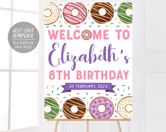 Donut Welcome Sign Girl Donut Party Editable Template, Birthday Party Poster, Doughnut Themed Sprinkles First Birthday Sweet One Decoration