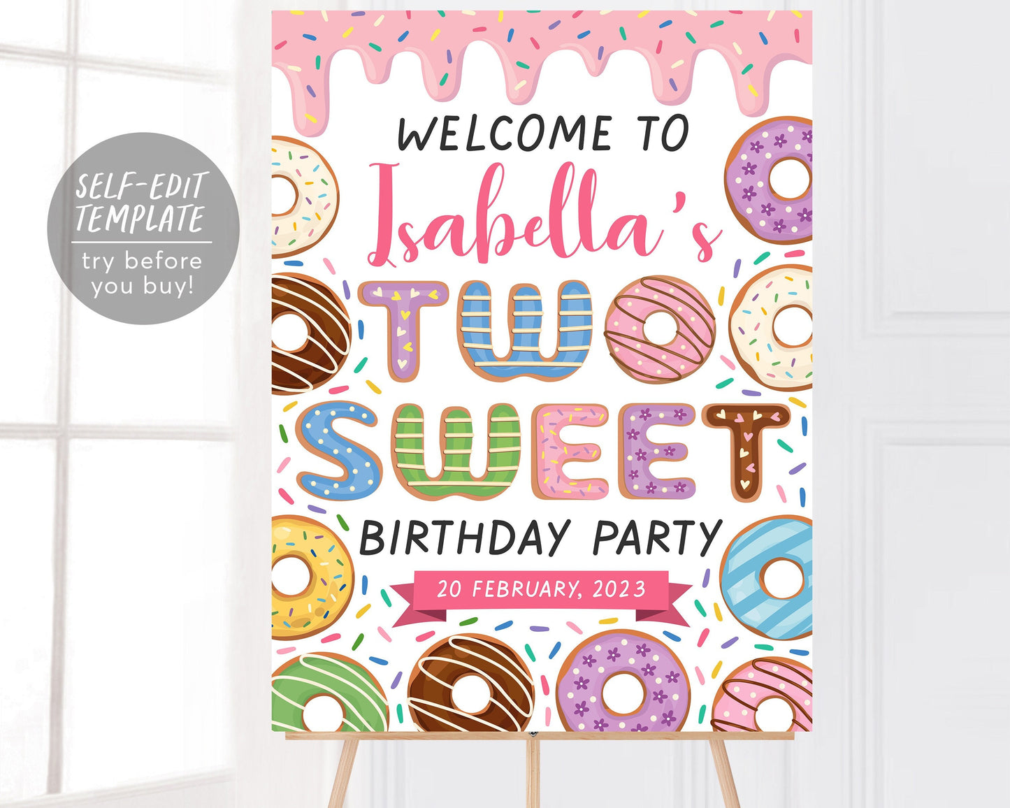 Donut Welcome Sign Girl Two Sweet Party Editable Template, 2nd Second Birthday Party Poster Decor Printable File, Doughnut Themed Sprinkles