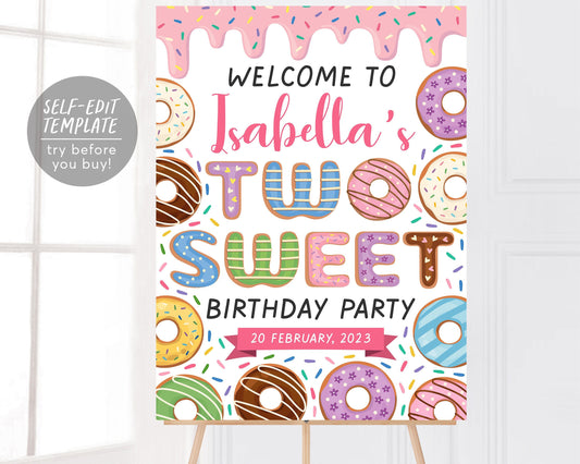 Donut Welcome Sign Girl Two Sweet Party Editable Template, 2nd Second Birthday Party Poster Decor Printable File, Doughnut Themed Sprinkles