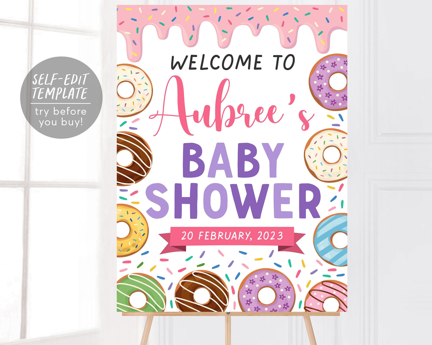 Pink Donut Welcome Sign Editable Template, Sprinkle Baby Shower Sign, Doughnut Themed Poster Signage Decor Printable Instant Download