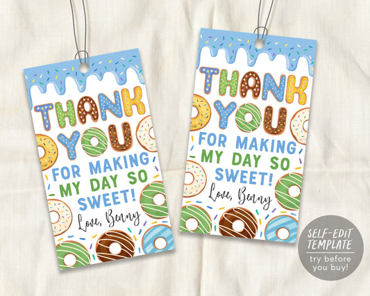 Donut Thank You Tags Editable Template, Donut Sprinkles BOY Birthday Party Favor Tag, Sweet One Doughnut Decoration Decor Favour Printable