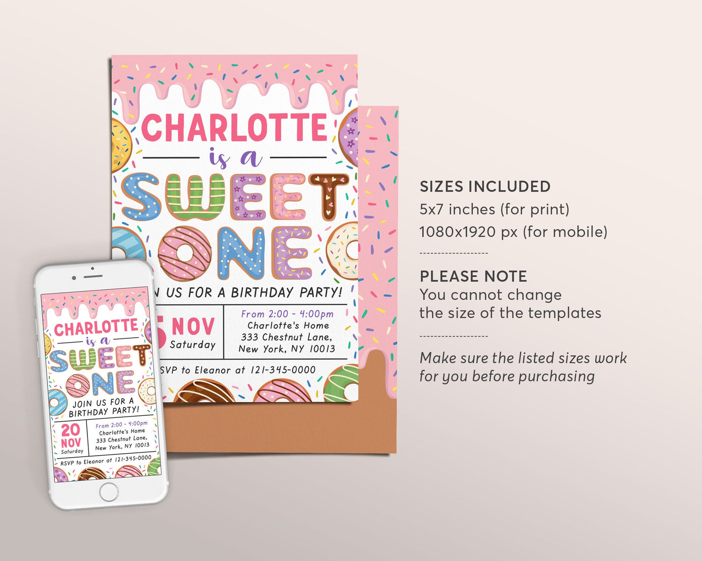 Donut Sweet One Birthday Party Invitation Editable Template, Baby Girl 1st Birthday Invite Printable , Cute First Birthday Rainbow Sprinkle