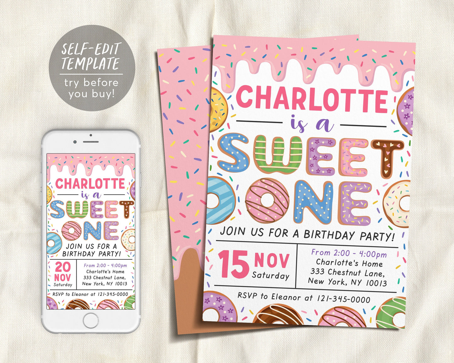 Donut Sweet One Birthday Party Invitation Editable Template, Baby Girl 1st Birthday Invite Printable , Cute First Birthday Rainbow Sprinkle