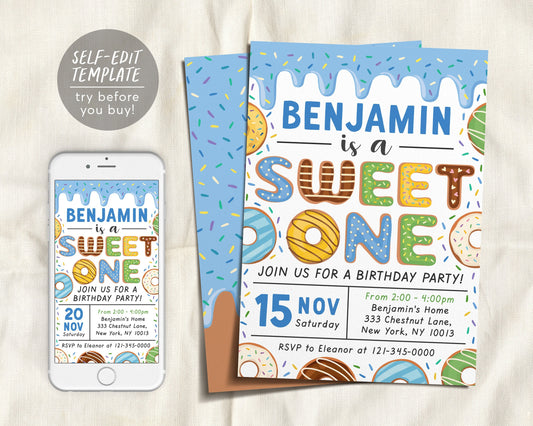 Donut Sweet One Birthday Party Invitation Editable Template, Baby Boy 1st Birthday Invite Printable , Cute First Birthday Rainbow Sprinkle