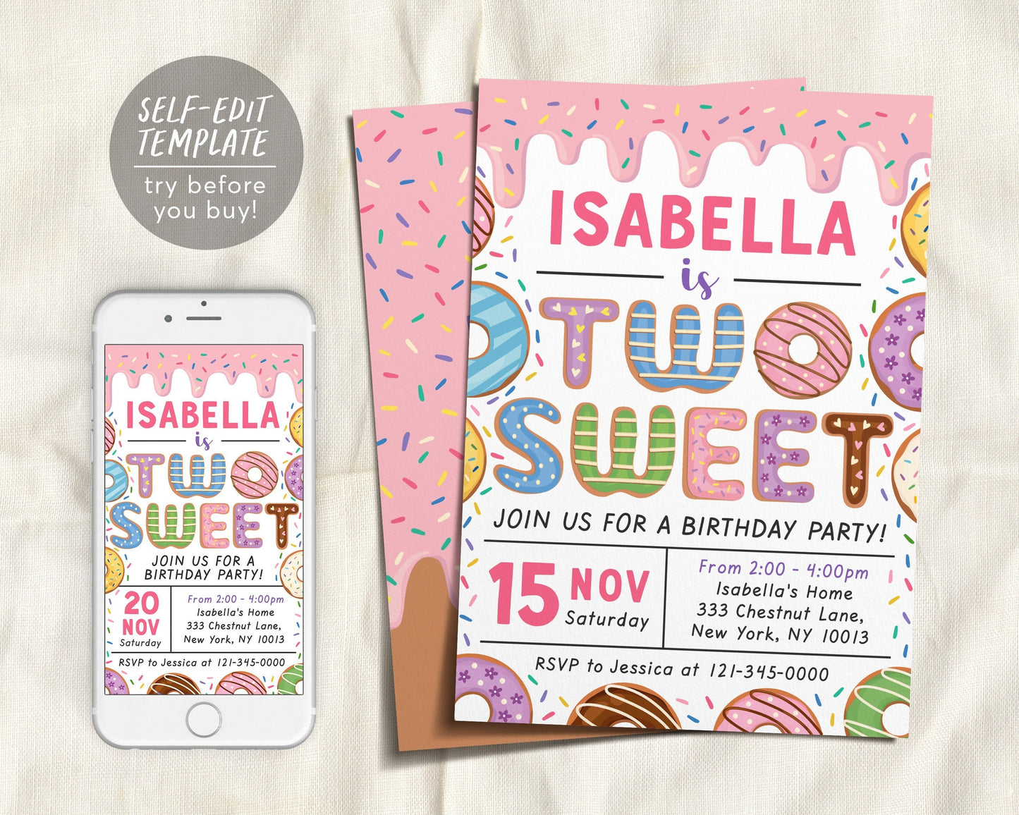 Donut Two Sweet Birthday Party Invitation Editable Template, Baby Girl 2nd Birthday Invite Printable, Cute Second Birthday Rainbow Sprinkle