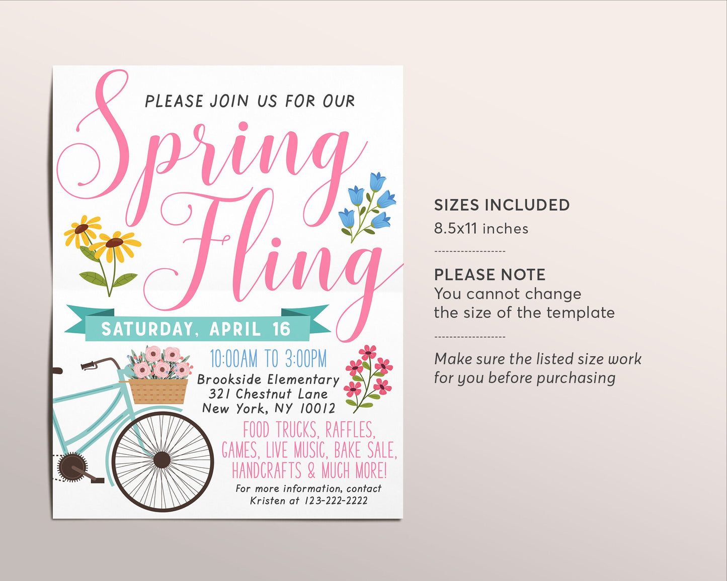 Spring Fling Flyer Editable Template, Easter Spring Festival Fundraiser Event Poster Crafts Market, School PTO PTA Church Nonprofit Charity