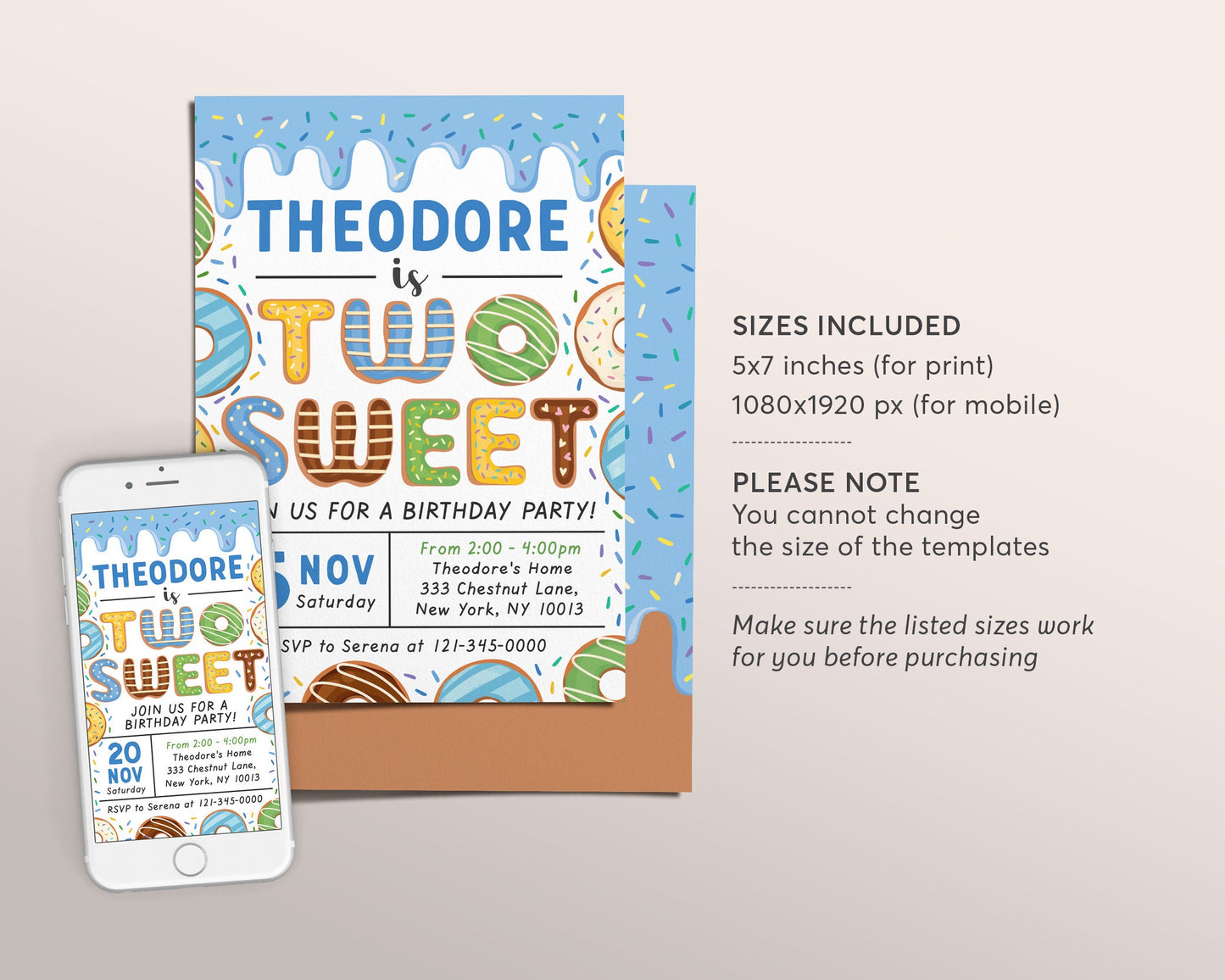 Donut Two Sweet Birthday Party Invitation Editable Template, Baby Boy 2nd Birthday Invite Printable, Cute Second Birthday Rainbow Sprinkle