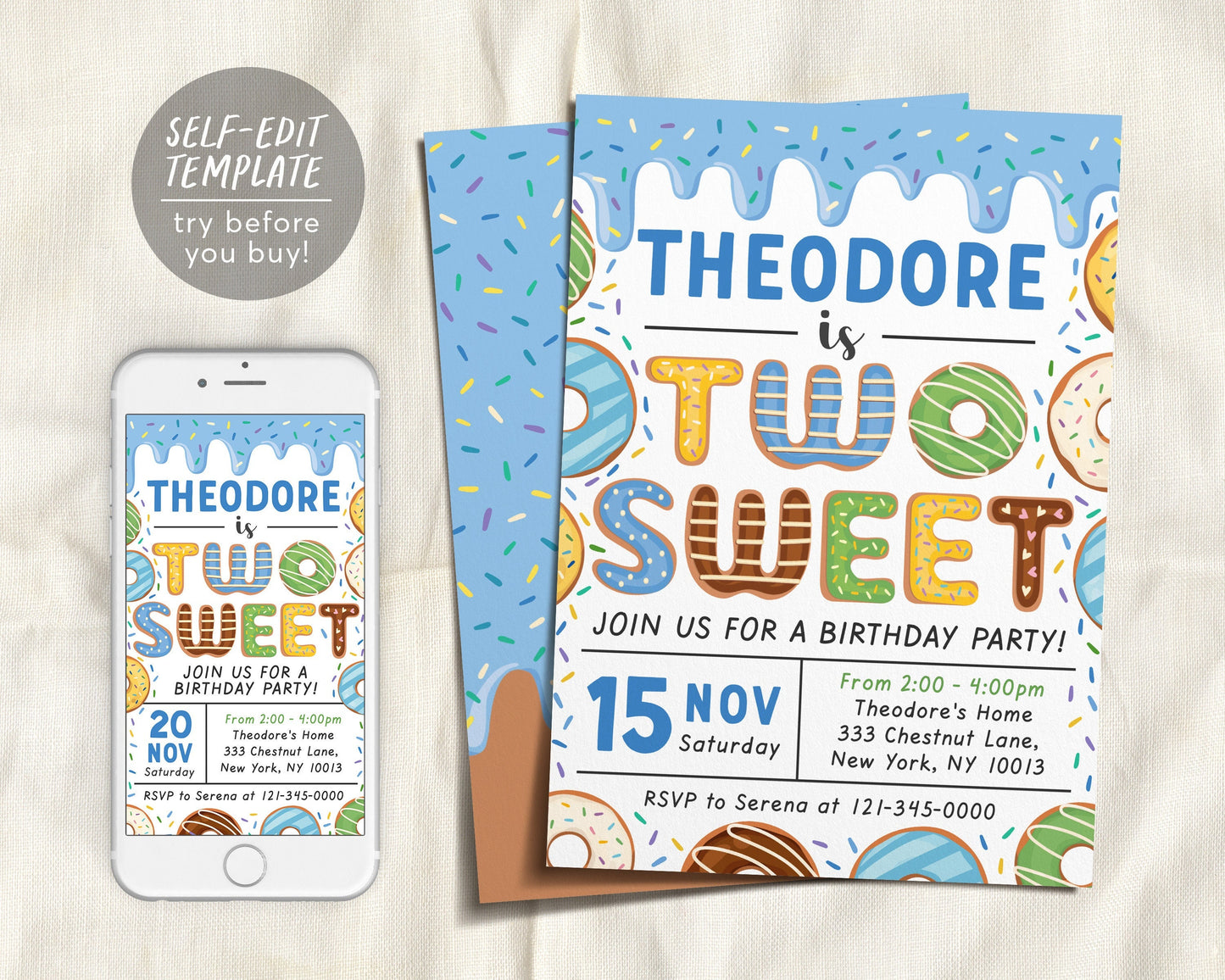 Donut Two Sweet Birthday Party Invitation Editable Template, Baby Boy 2nd Birthday Invite Printable, Cute Second Birthday Rainbow Sprinkle