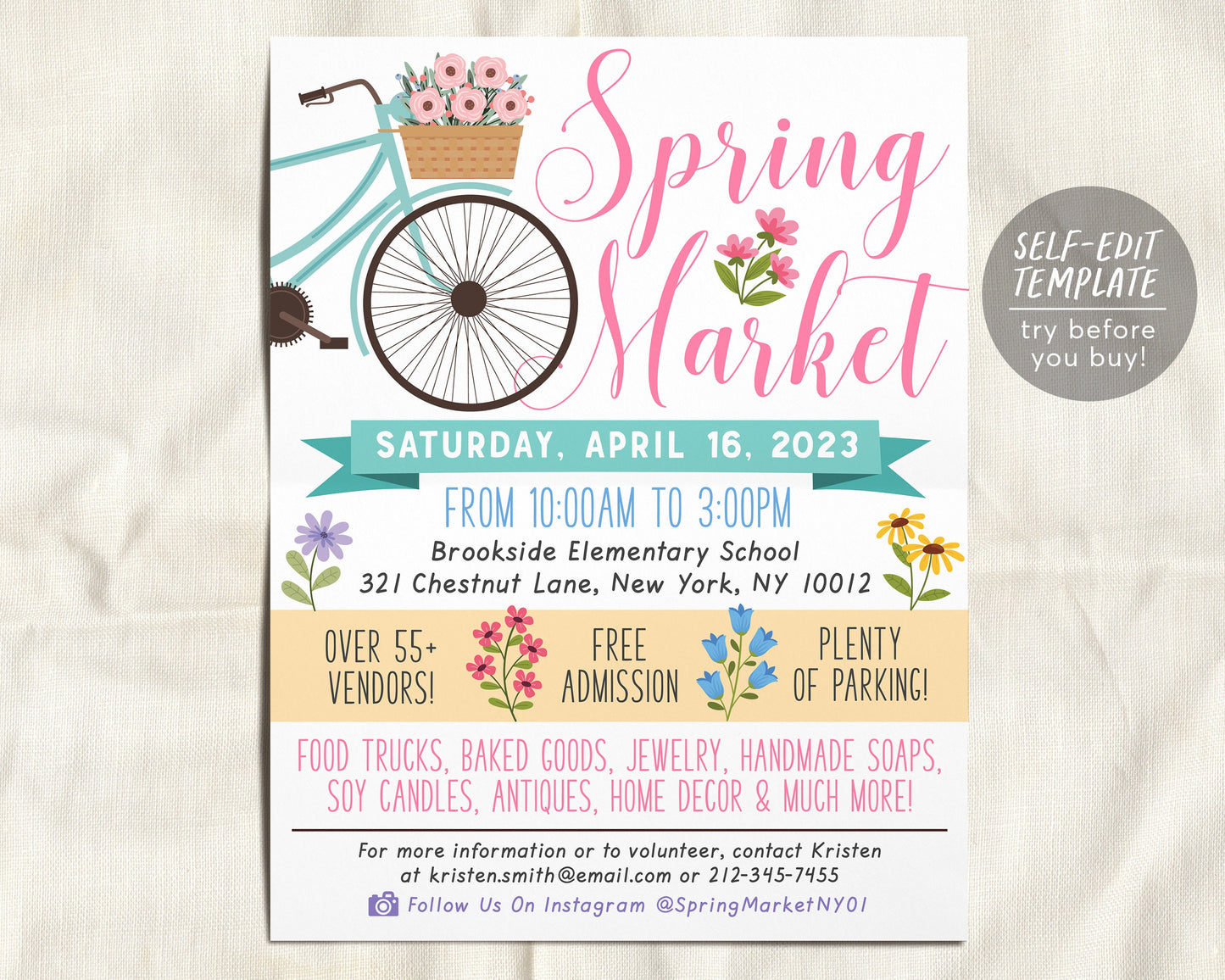 Spring Market Flyer Editable Template, Easter Spring Festival Vendor Bazaar Crafts Floral Bicycle Bike Fundraiser Event, School PTO PTA