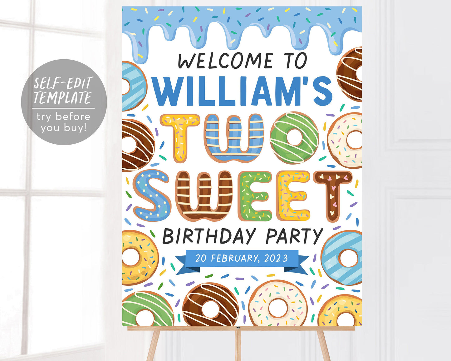 Donut Welcome Sign Boy Two Sweet Party Editable Template, 2nd Second Birthday Party Poster Decor Printable File, Doughnut Themed Sprinkles