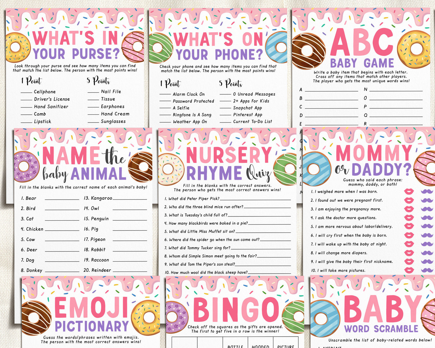 Donut Baby Shower Games Package Bundle Editable Template, Girl Pink Donut, Donuts And Diapers Baby Sprinkle, Doughnut 12 Shower Games