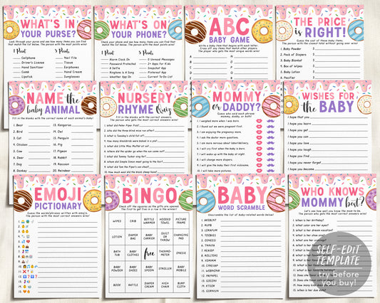 Donut Baby Shower Games Package Bundle Editable Template, Girl Pink Donut, Donuts And Diapers Baby Sprinkle, Doughnut 12 Shower Games