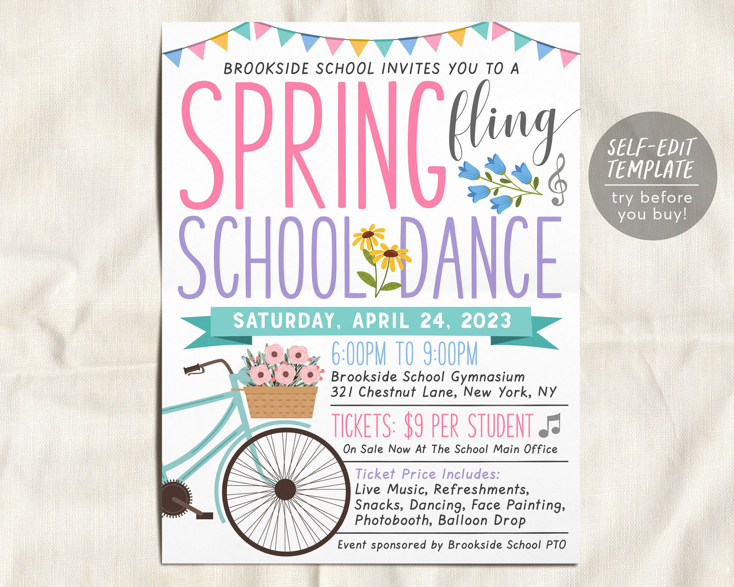 Spring Fling School Dance Flyer Editable Template, Easter School Dance Invite Invitation, School Church Community Event PTO PTA Event