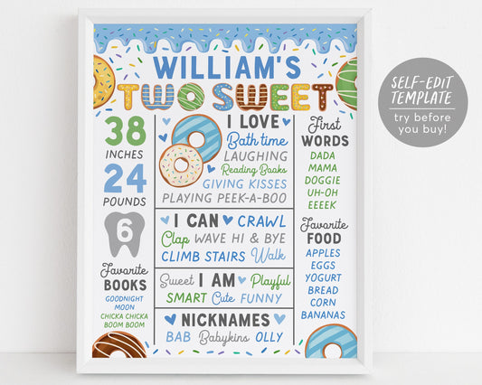 TWO Sweet Donut Milestone Second Birthday Sign Editable Template, Baby Boy 2nd Birthday Stats Board Poster, Rainbow Sprinkle Party
