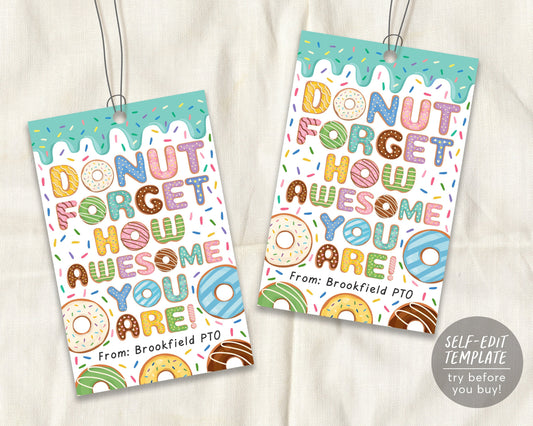Donut Forget How Awesome You Are Gift Tag Editable Template, Thank You Favor Label for Teachers Nurse Staff PTO PTA Co-worker Boss Printable
