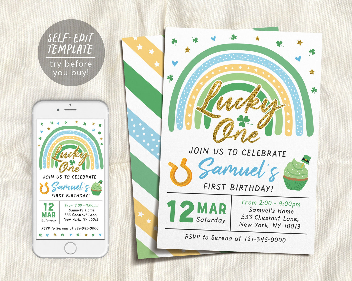 St Patricks Day First Birthday Invitation Editable Template, Lucky One BOY Shamrock Green Rainbow Party Invite Printable, St Pattys Day