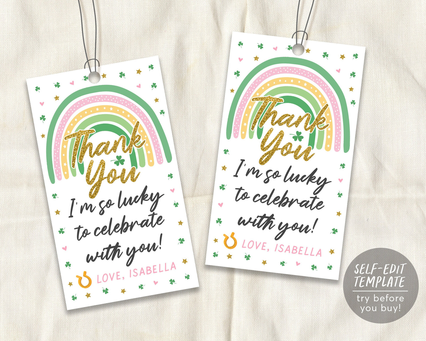 St Patricks Day Rainbow Gift Tag Editable Template, Shamrock Girl First Birthday Party Favor Tags, St Pattys Day Printable Treat Tag Decor