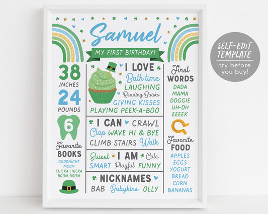 St. Patrick's Day Milestone First Birthday Sign BOY Editable Template, Shamrock Party 1st Birthday Stats Poster, St Pattys Day Printable