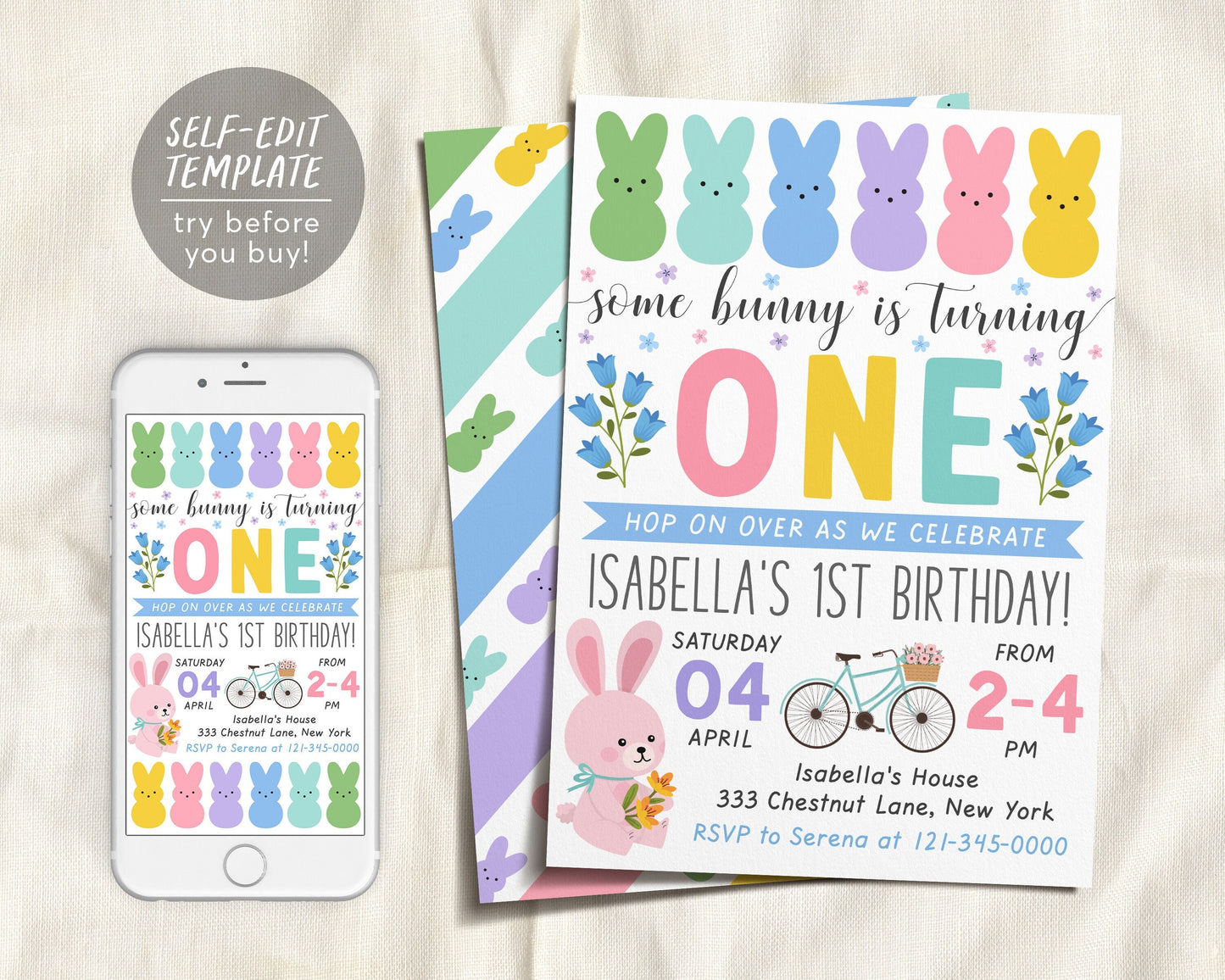 Easter Birthday Birthday Invitation Editable Template, Spring Floral First Birthday Easter Egg Hunt Bunny Party Invite Evite Rabbit