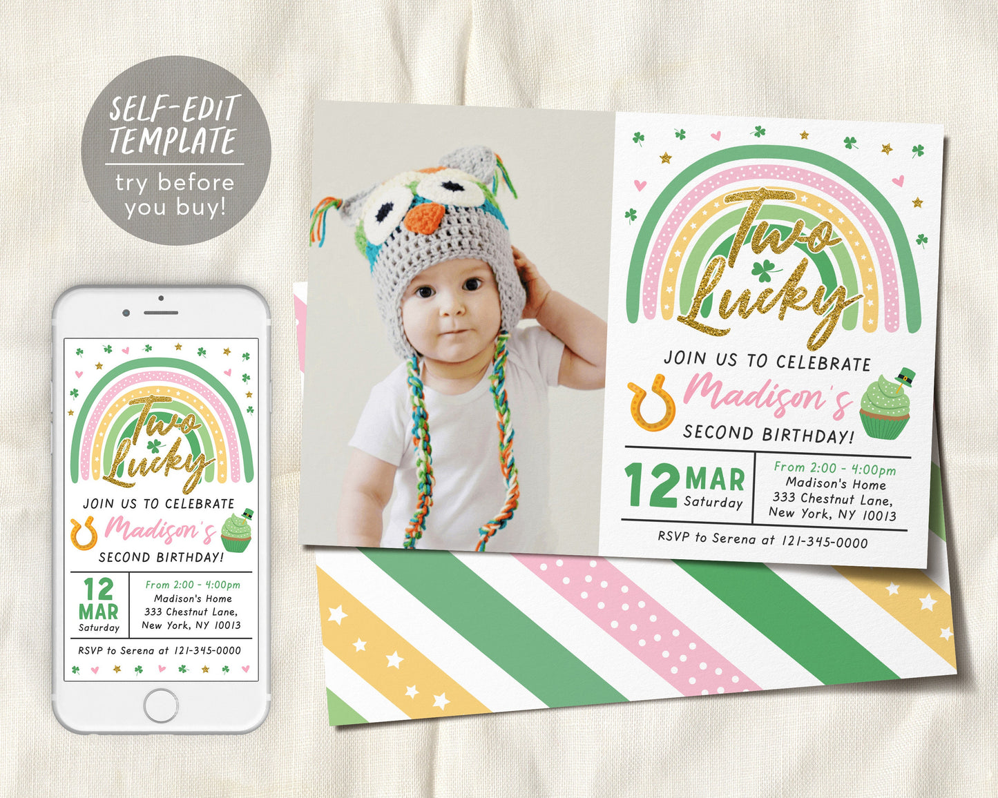 St. Patricks Day Second 2nd Birthday Invitation With Photo Editable Template, Two Lucky GIRL Shamrock Green Rainbow Party Invite Evite