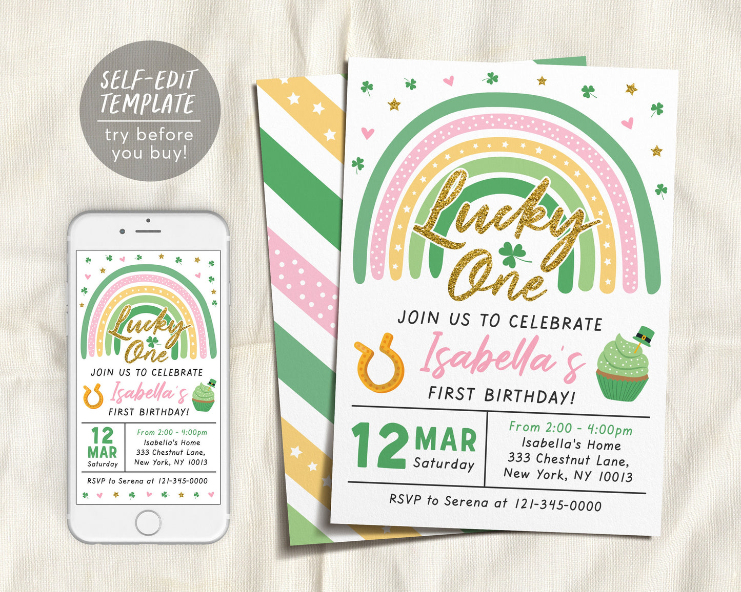 St. Patricks Day Birthday Invitation Editable Template, Lucky One GIRL Shamrock Green Rainbow Party Invite Printable Evite, First Birthday