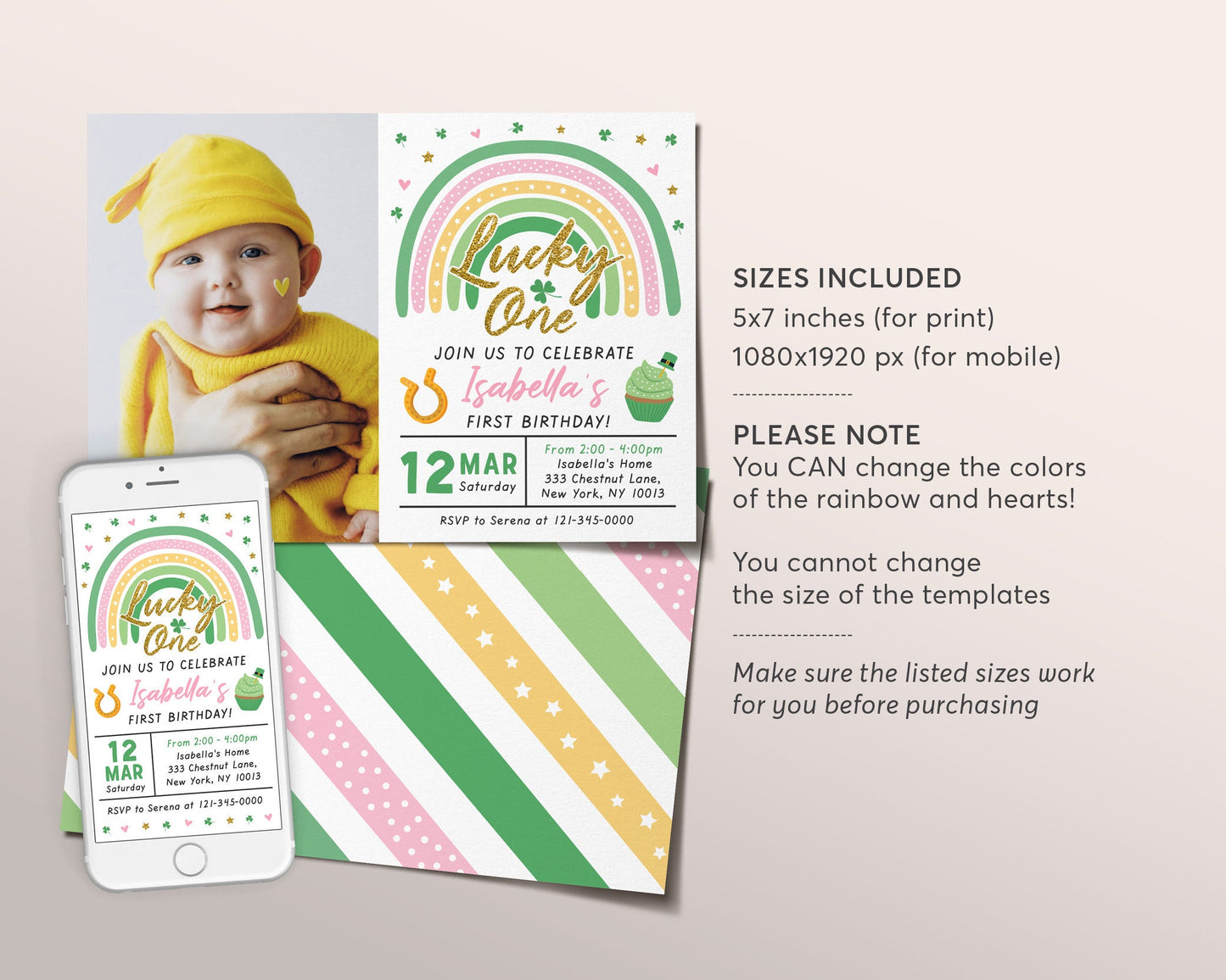 St. Patricks Day First Birthday Invitation With Photo Editable Template, Lucky One GIRL Shamrock Green Rainbow Party Invite Printable Evite