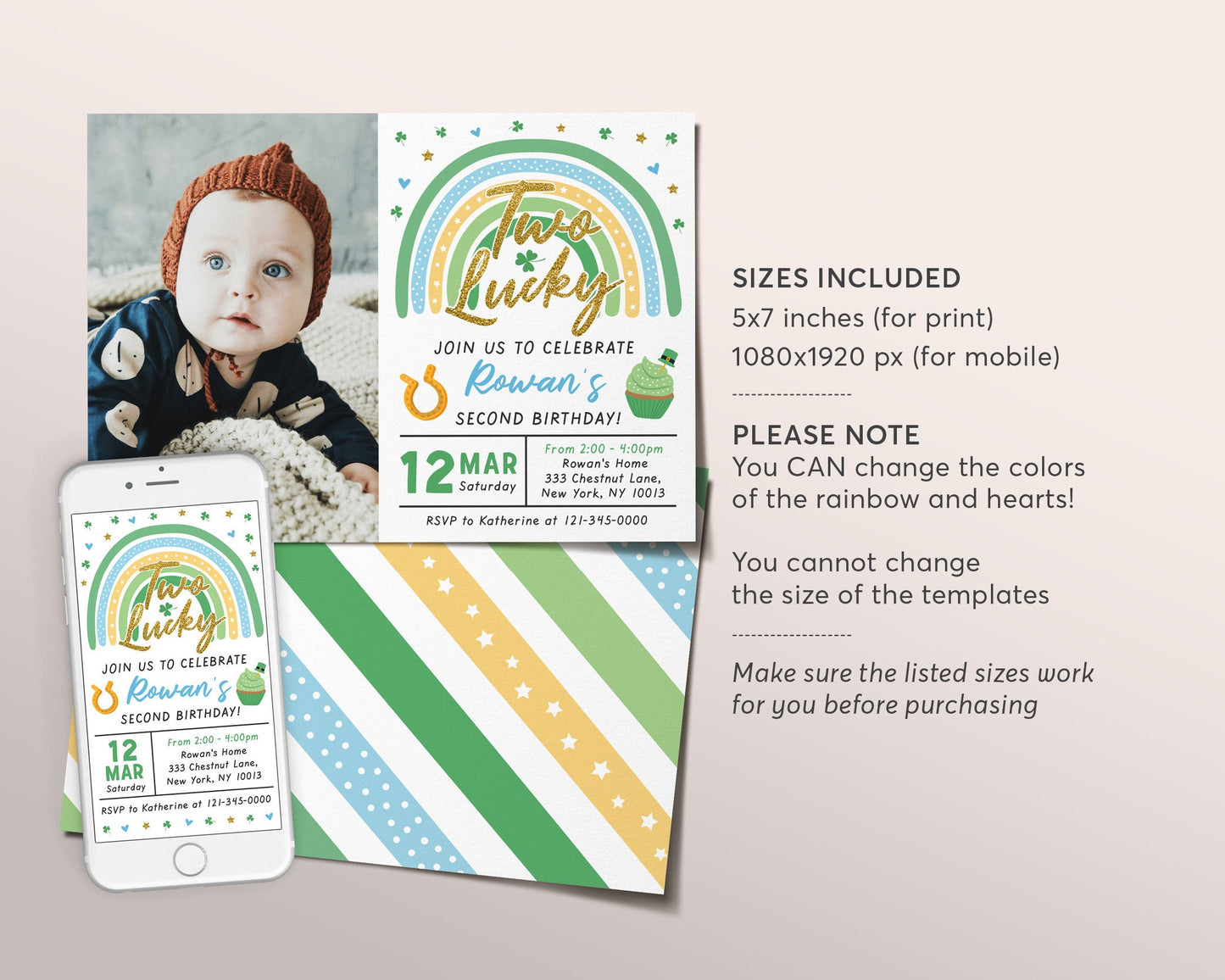 St. Patricks Day Second 2nd Birthday Invitation With Photo Editable Template, Two Lucky BOY Shamrock Green Rainbow Party Invite Evite