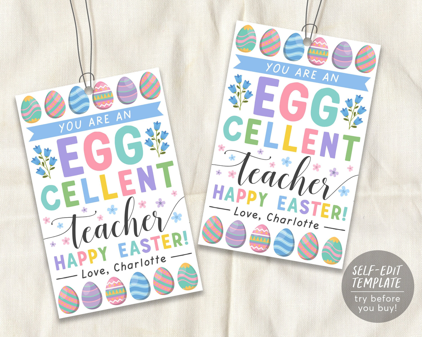 You Are Eggcellent Teacher Appreciation Gift Tag Editable Template, Spring Thank You Easter Basket Treat Favor Tags Label, School Classroom