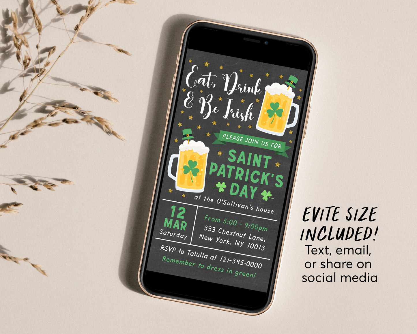 St. Patrick's Day Invitation Editable Template, Eat Drink & Be Irish Shamrock Adult Saint Patricks Day Party Invite, St Patty's Day Evite