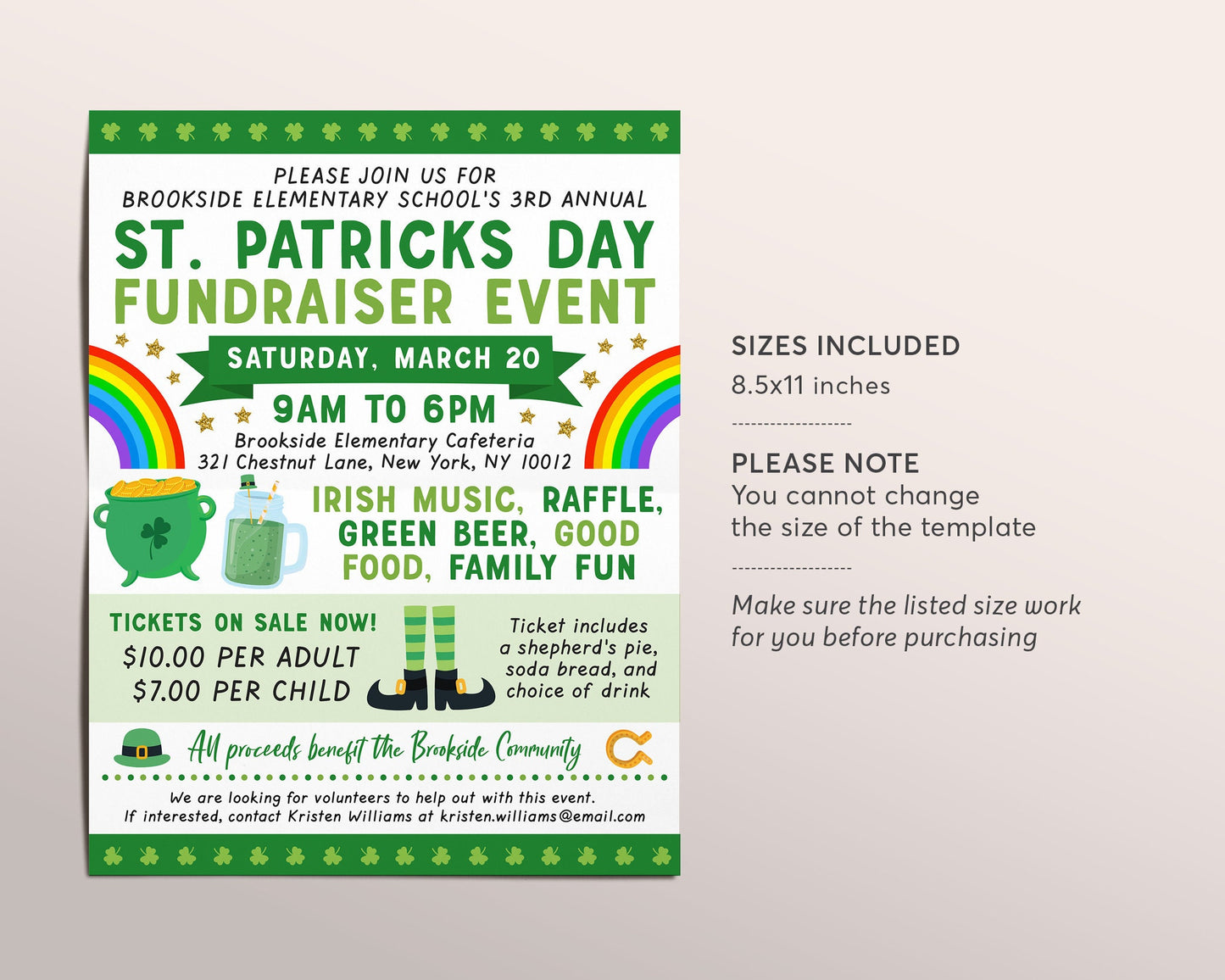 St. Patricks Day Fundraiser Flyer Editable Template, Shamrock Rainbow School Spring Event Charity Non Profit Event School PTA PTO Church