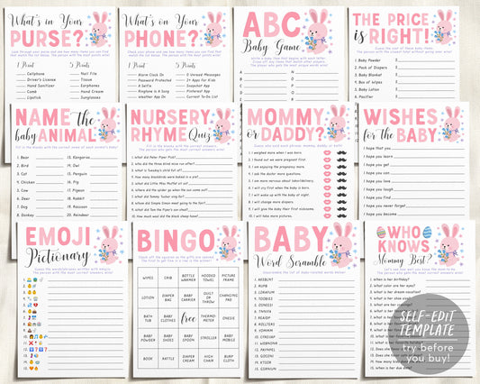 Bunny Baby Shower Games Bundle Editable Template, Easter Spring Baby 12 Shower Games Rabbit Themed Bingo Word Scramble, What's On Your Phone
