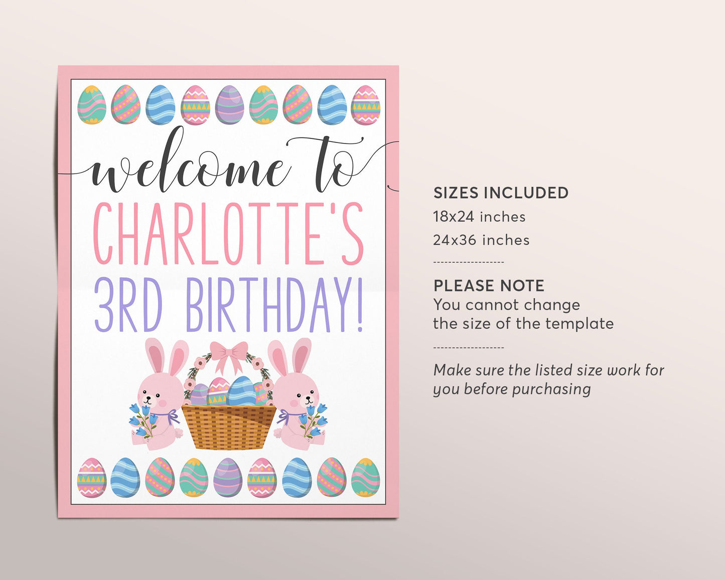 Easter Girl Birthday Welcome Sign Editable Template, Bunny Spring Themed First Birthday Poster Decor Printable Floral Decoration  Printable