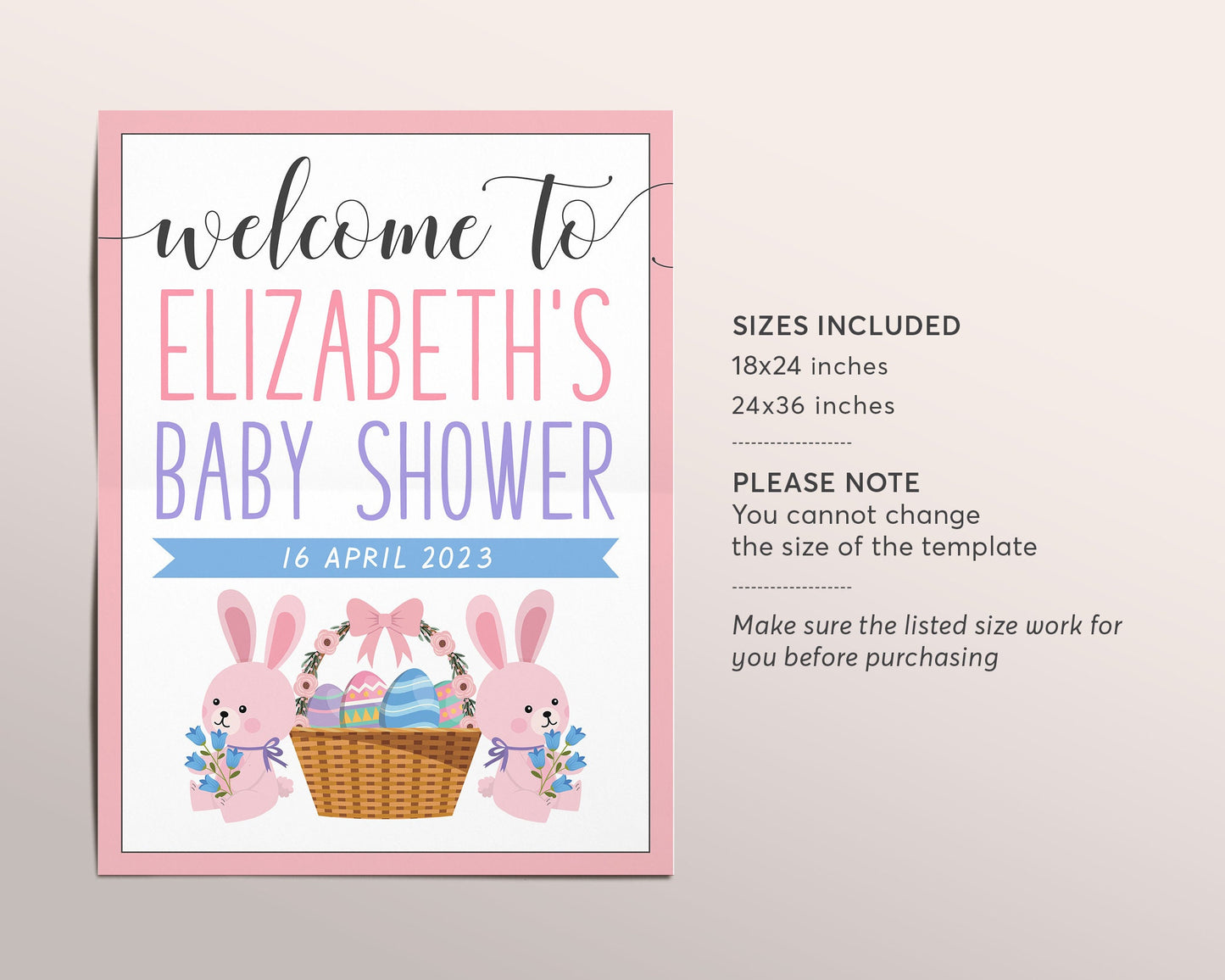 Bunny Baby Shower Welcome Sign Editable Template, Easter Bunny Rabbit Spring Themed Shower Sign Sprinkle Poster Signage Decorations