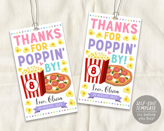 Popcorn Pizza Thank You Tags Editable Template, Thanks For Popping By GIRL Sleepover Slumber Party Birthday Party Favor Tag Decor Printable
