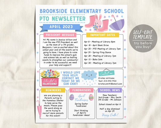 April PTO PTA Newsletter Flyer Editable Template, Easter Bunny April Showers Flyer Meeting Agenda Organizer Printable Handout, Year Calendar