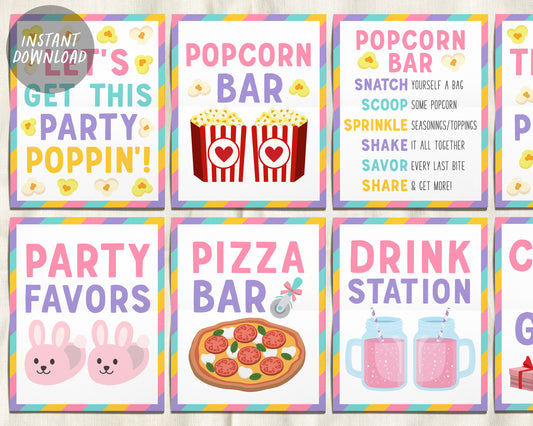 Pizza Popcorn and Pajamas Party Signs BUNDLE For Birthday, Popcorn Bar Sign Toppings, Pizzeria Slumber Sleepover Party Favors Sign Pajama