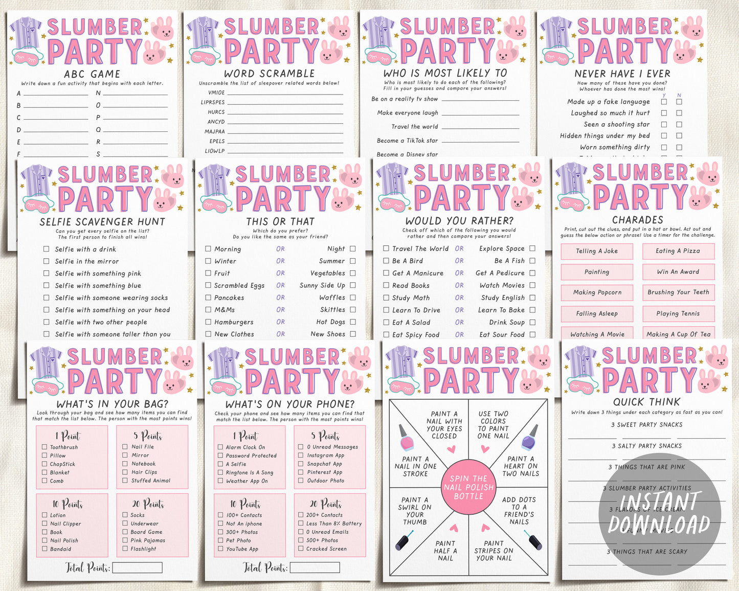 Slumber Party Games Bundle Package Printable, Pink Sleepover Game Spin – Puff Paper Co slumber-party-games-bundle-package-printable-pink-sleepover-game-spin-puff-paper-co