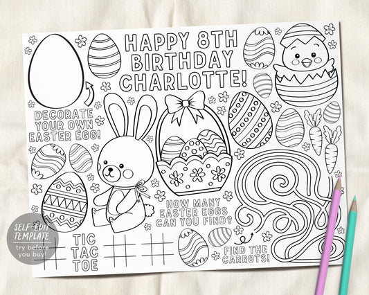 Easter Spring Birthday Party Coloring Placemat For Kids Editable Template Bunny Chick Coloring Page Craft Activity Sheet Table Mat Printable