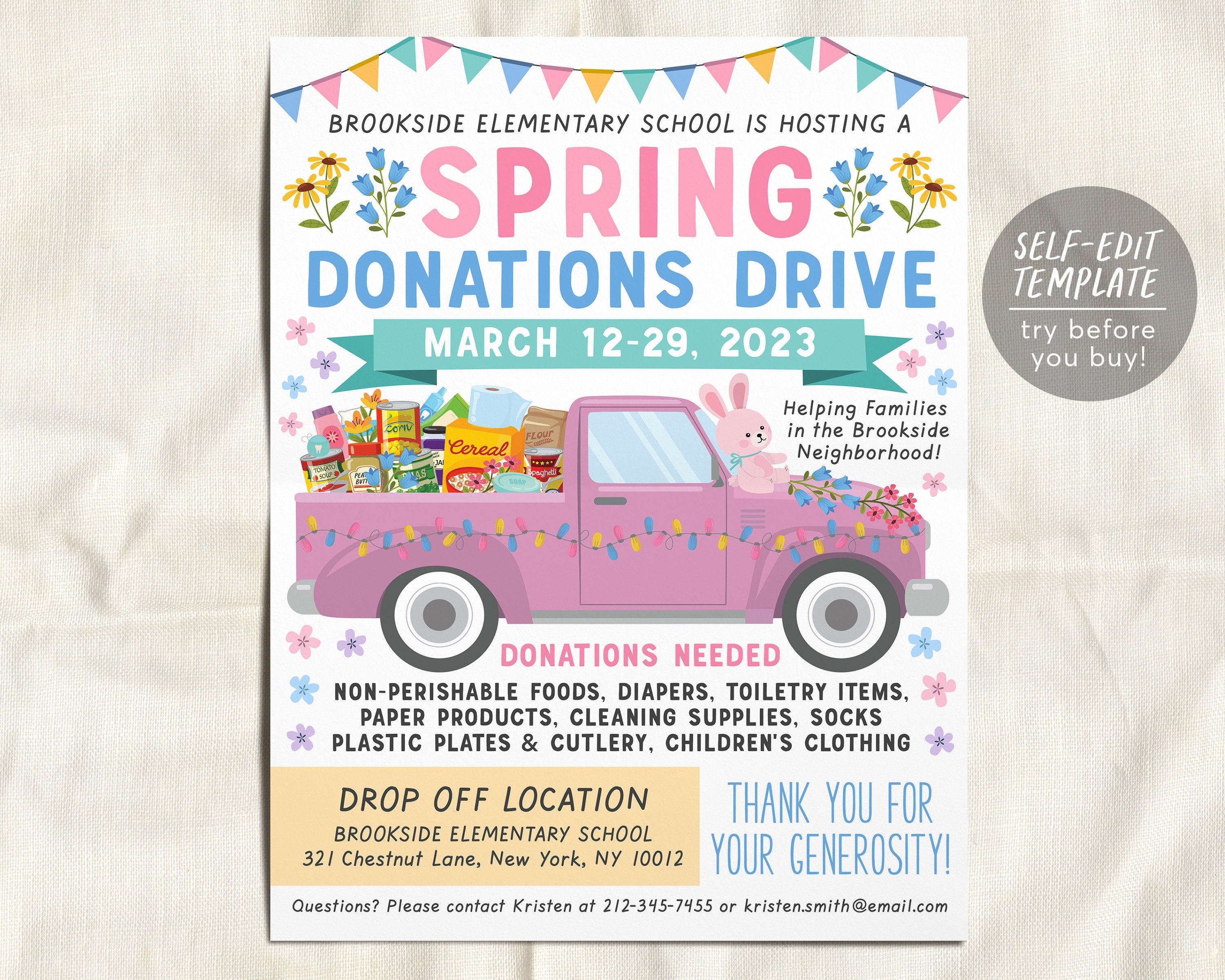 Food Spring Flyer Spring Easter Donations Food Drive Flyer Editable Template, Toiletries ...