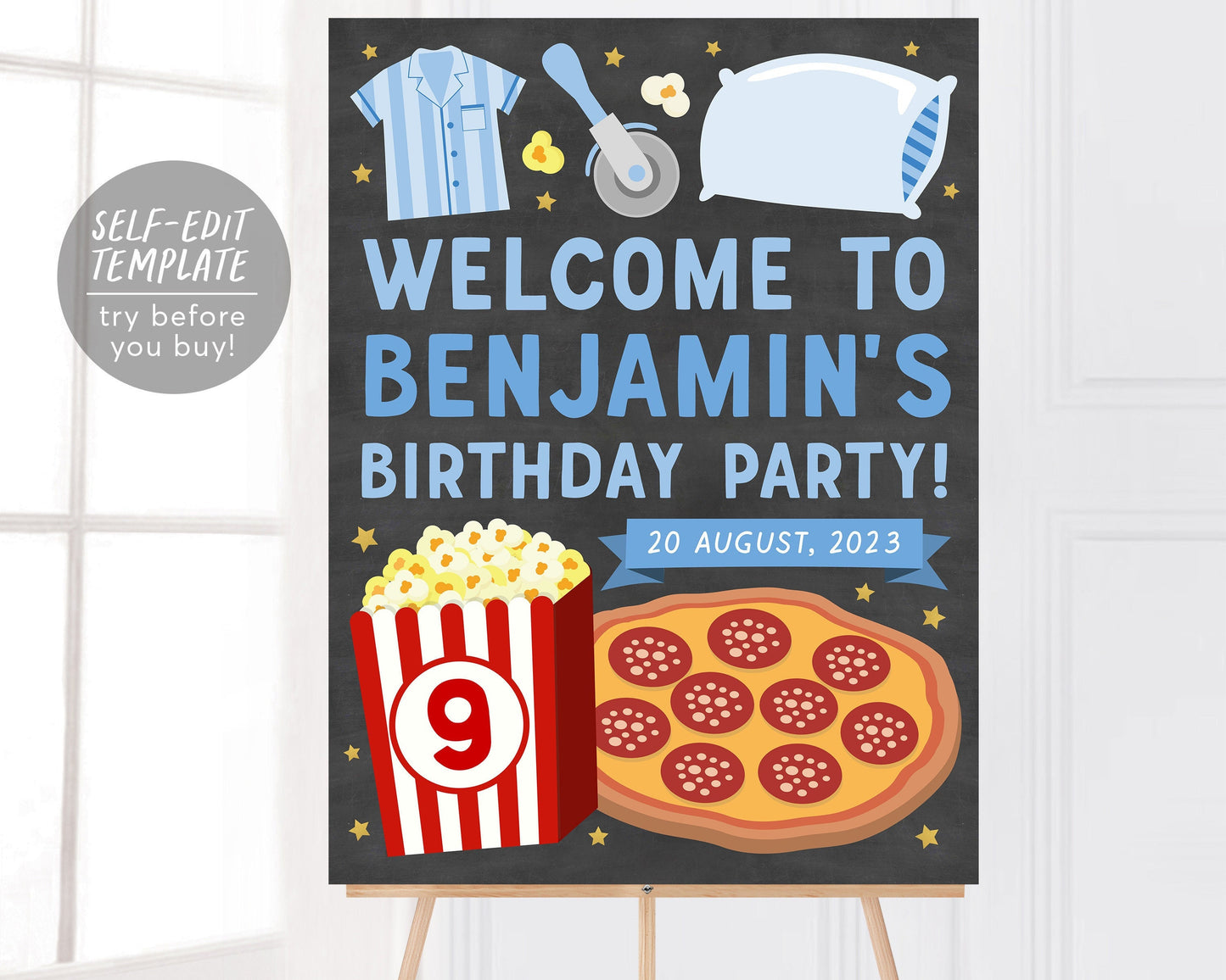 Pizza Popcorn Sleepover Party Birthday Welcome Sign Boy Editable Template, Pizzeria A Slice of Fun Slumber Party Decor Poster Chalkboard