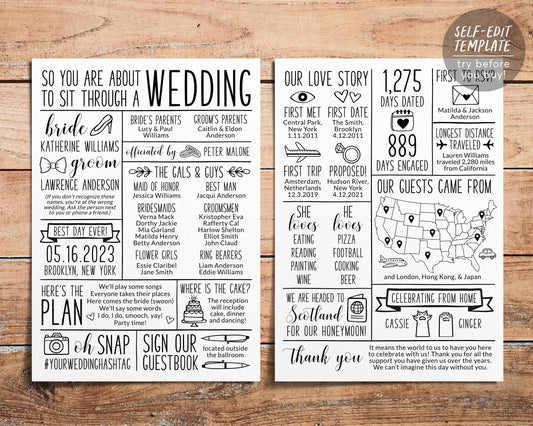 Infographic Wedding Program Editable Template, Black And White Reception Program, Wedding Program Printable, Unique Fun Ceremony Program