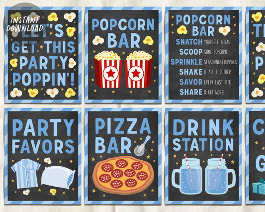 Pizza Popcorn and Pajamas Party Signs BUNDLE For Birthday, Popcorn Bar Sign Toppings Chalkboard Pizzeria Slumber Sleepover Party Favors Sign