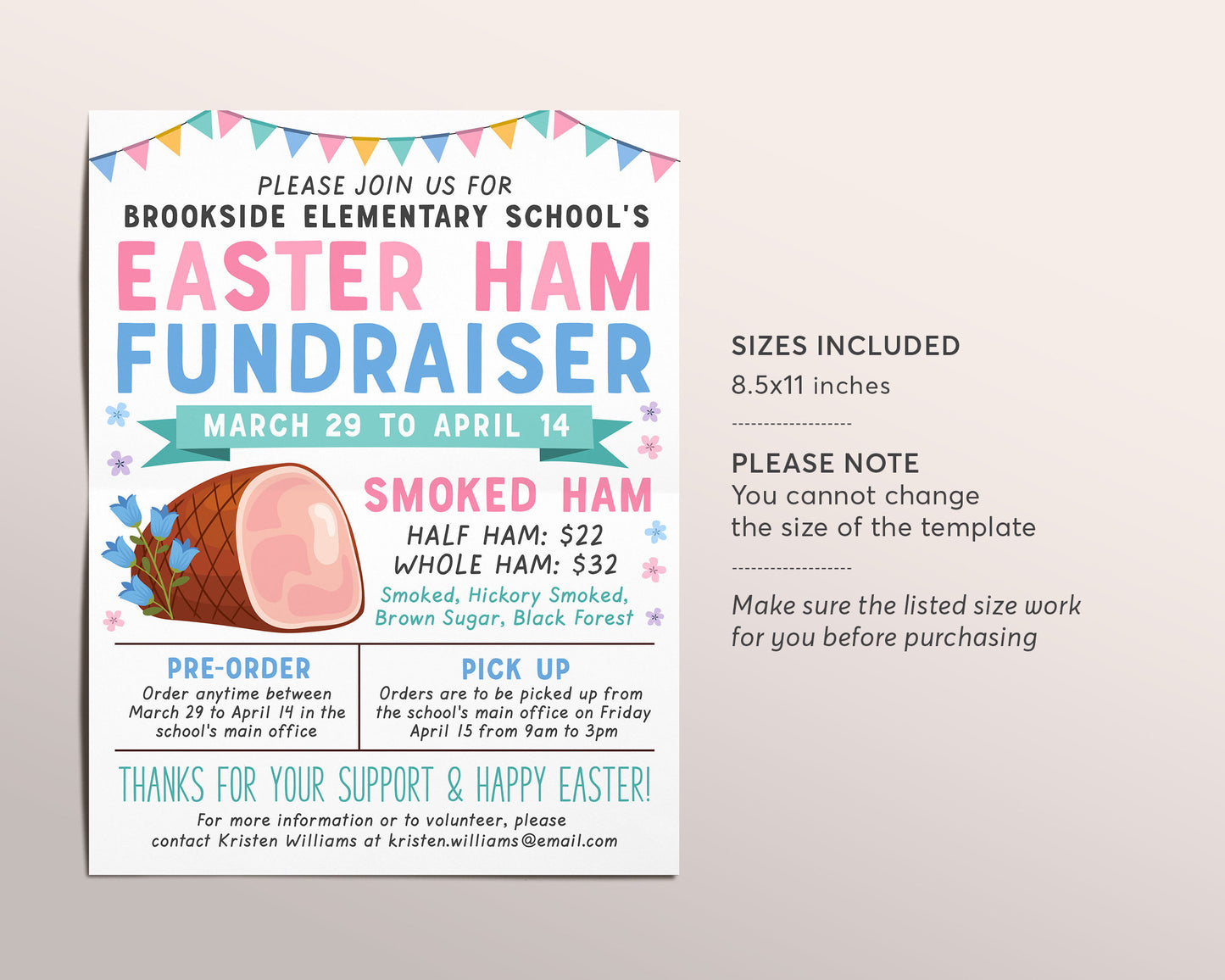 Easter Ham Fundraiser Flyer Editable Template, Spring Easter Sale Event Poster, School PTO PTA Church Nonprofit Charity Community