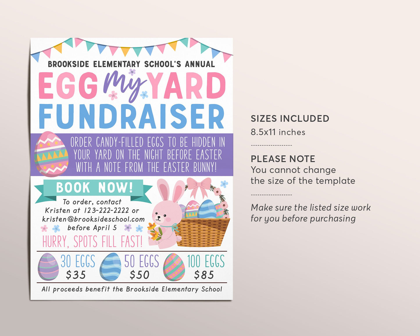 Egg My Yard Easter Fundraiser Flyer Editable Template, Easter Egg Drop Poster, Spring Egg Hunt, School PTO PTA Church Charity Community