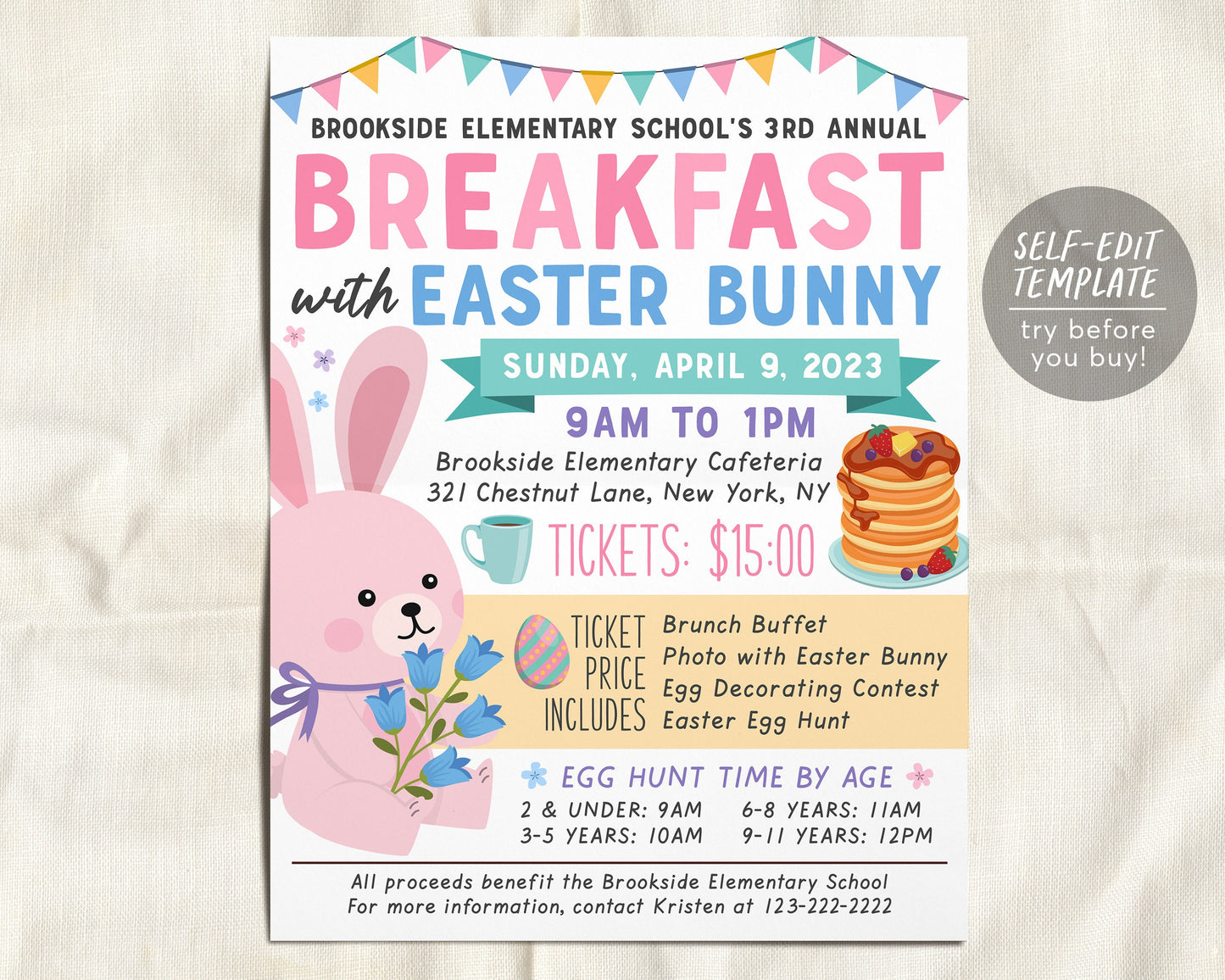 Breakfast with Easter Bunny Flyer Editable Template, Spring Brunch Pancakes Fundraiser Event Poster, School PTO PTA Church Charity Community