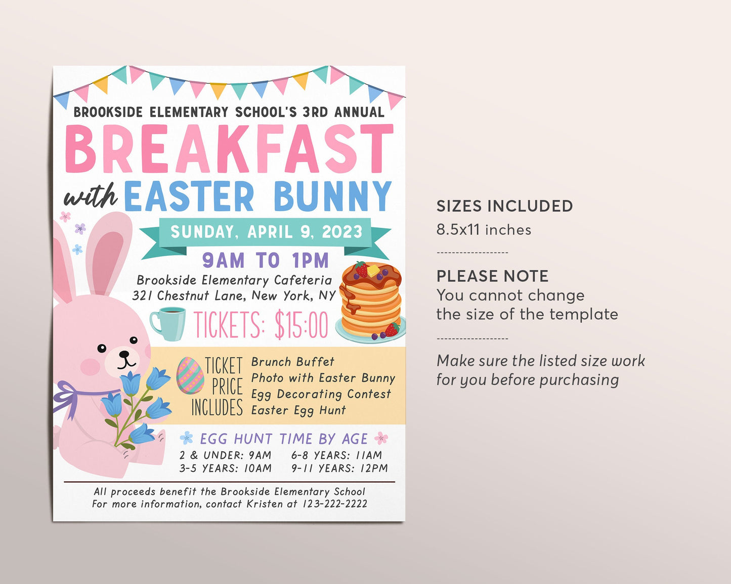 Breakfast with Easter Bunny Flyer Editable Template, Spring Brunch Pancakes Fundraiser Event Poster, School PTO PTA Church Charity Community