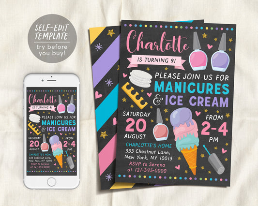 Manicures And Ice Cream Birthday Party Invitation Editable Template, Pedicures Mani Pedi Spa Day Chalkboard Invite Girl Teen Tween Printable