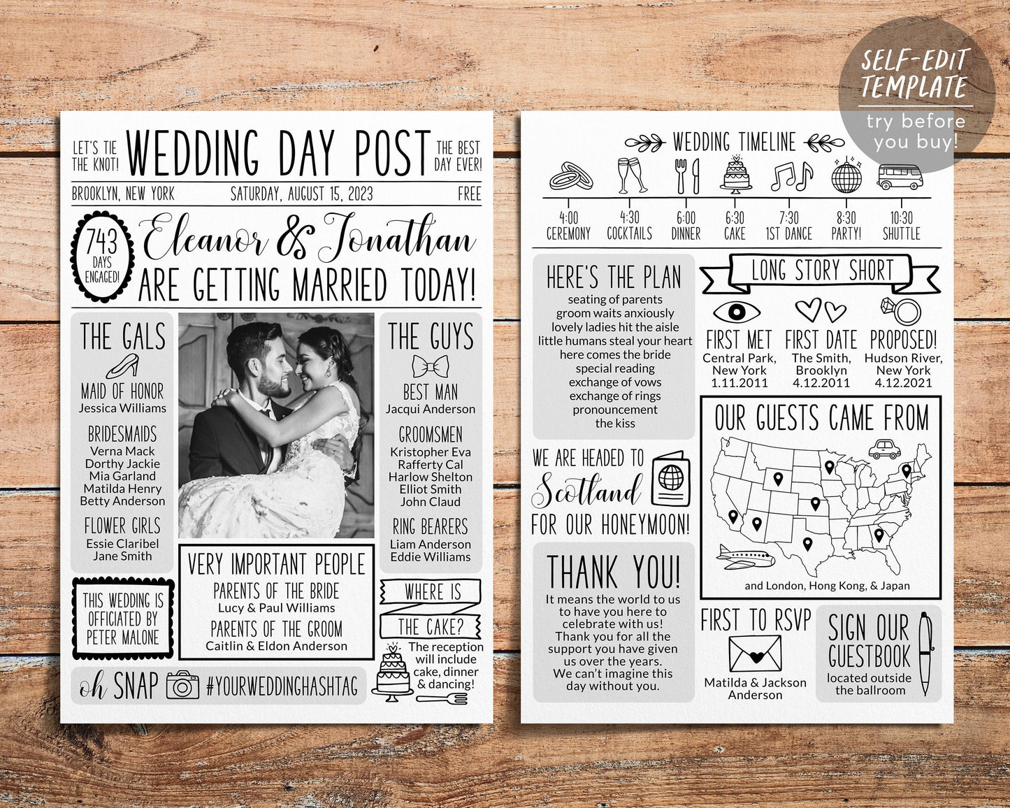 Infographic Wedding Program 5x7 Editable Template, Black And White Reception Program, Wedding Program Printable, Unique Fun Ceremony Program