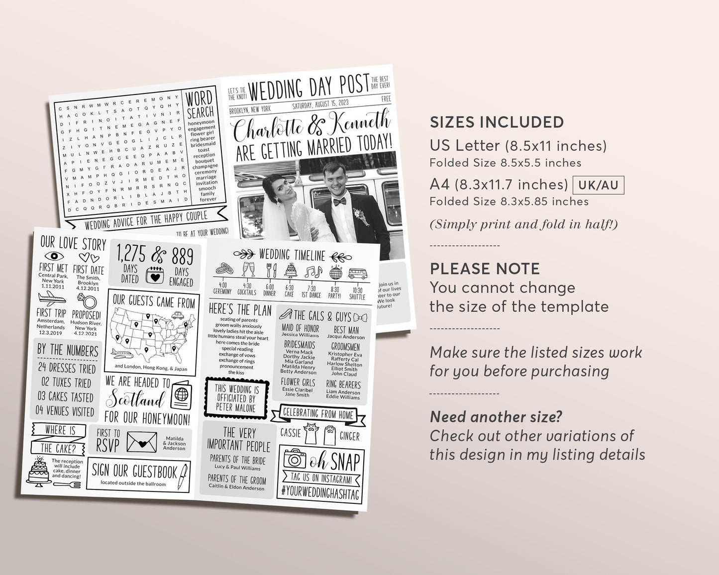Mini Newspaper Wedding Program Editable Template, Wedding Timeline Printable, Bifold Wedding Program, Unique Reception Program Booklet