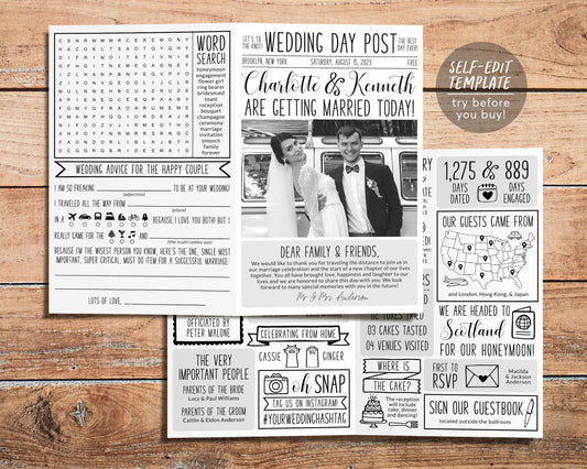 Mini Newspaper Wedding Program Editable Template, Wedding Timeline Printable, Bifold Wedding Program, Unique Reception Program Booklet